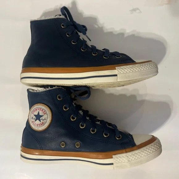 Converse Navy High-Top Sneakers with White Toe and Brown Midsole Trim - Picture 3 of 15